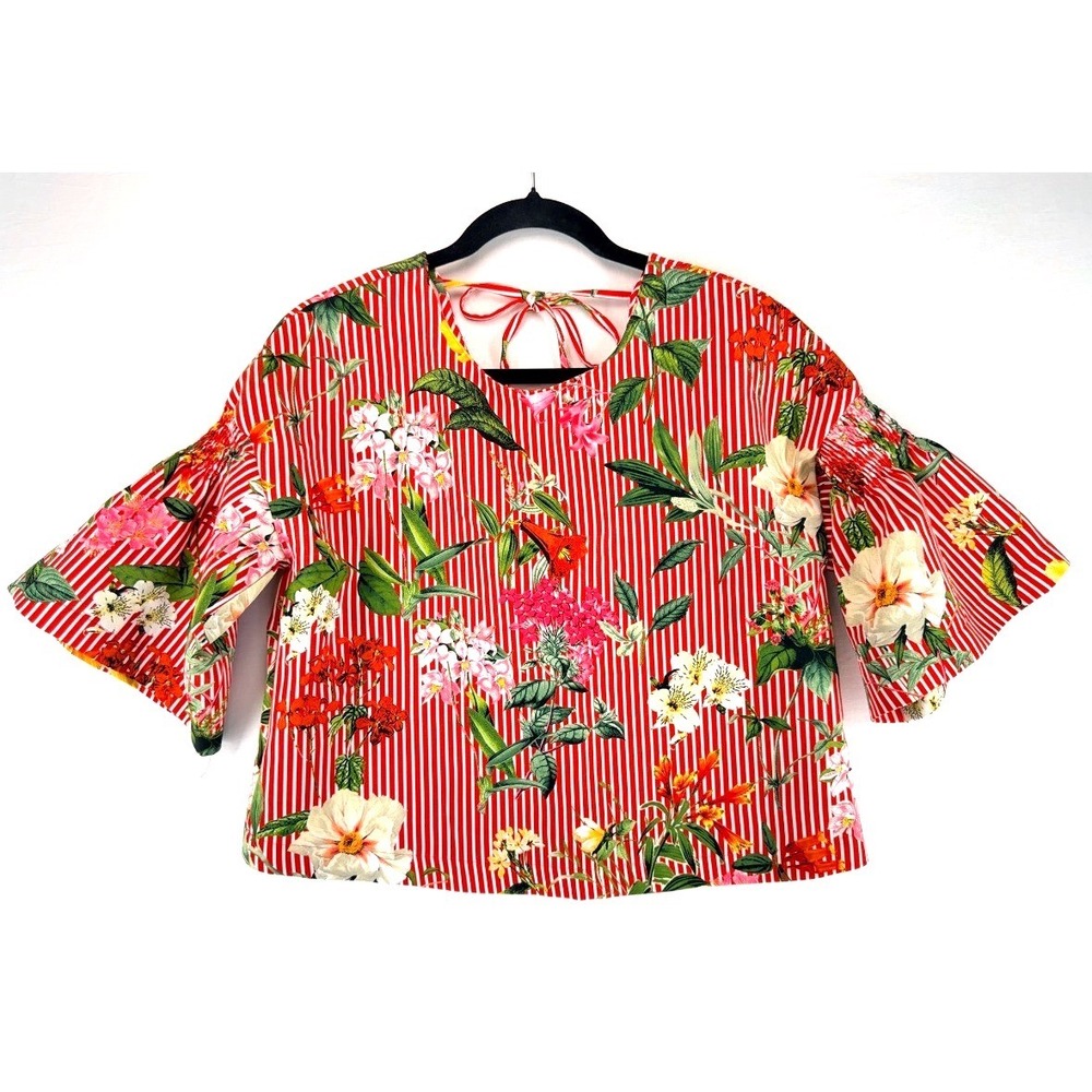 Zara Womens Red Stripe Floral Bell Sleeve Crop Top Sz M Tomato Girl Garden Party